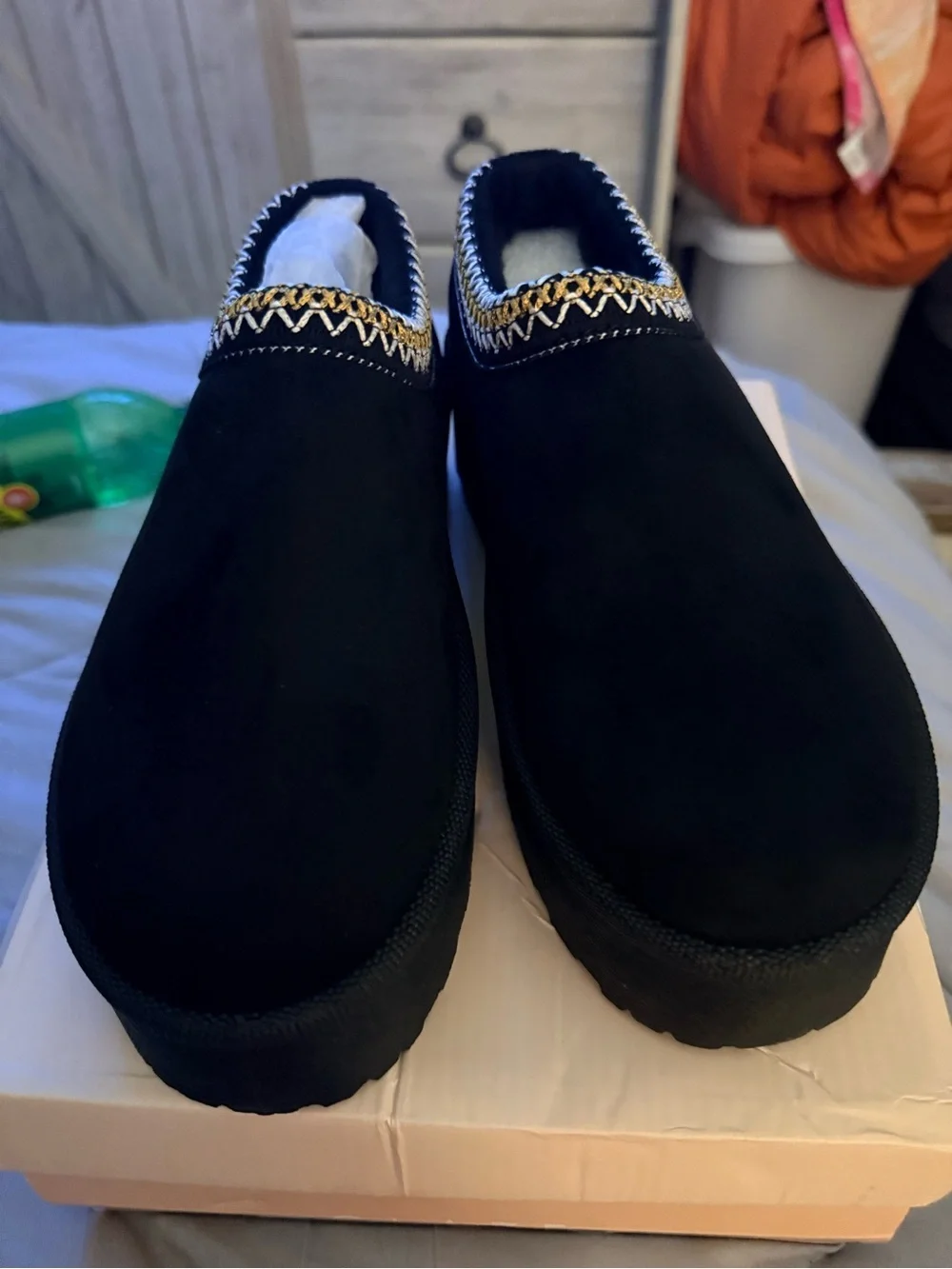 Glaze Black Platform Slip-On Shoes with Gold Trim